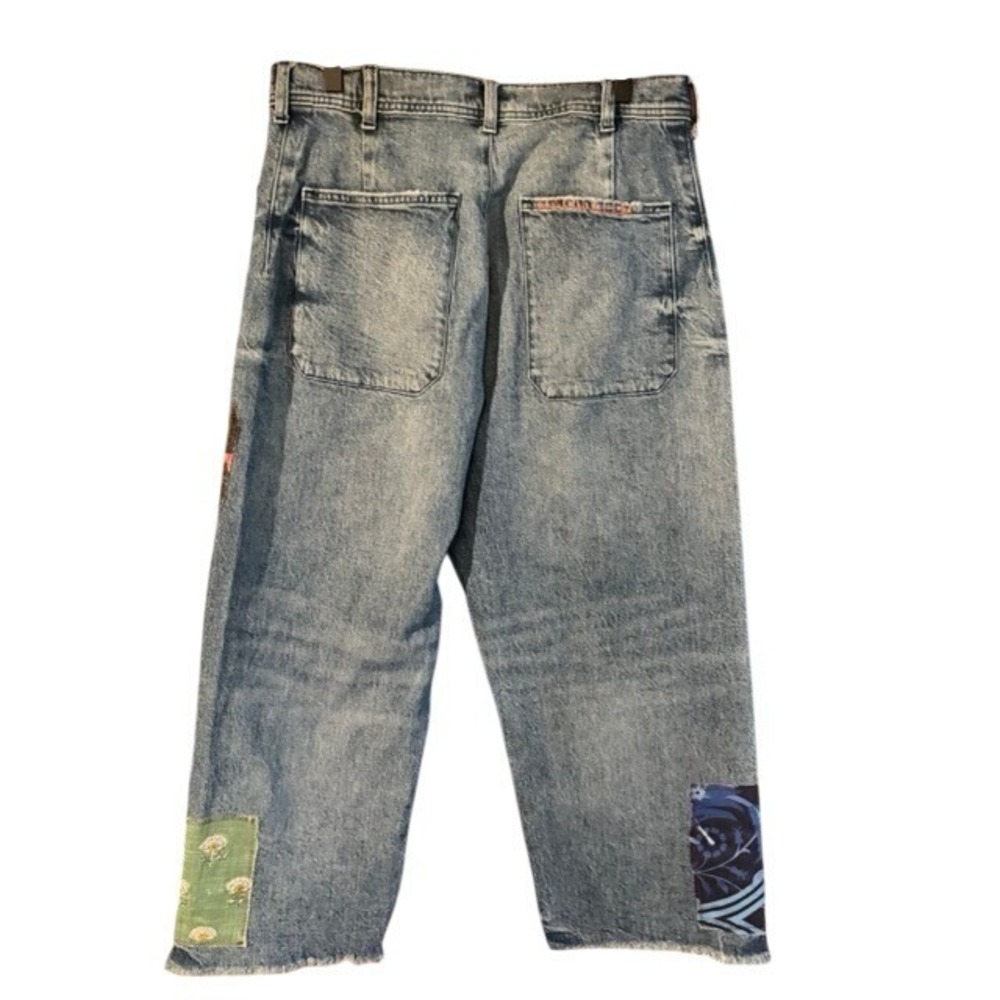 Unique upcycled Bird Patchwork Straight Leg Jeans Eclectic Boho Denim 14/32 - Picture 2 of 14